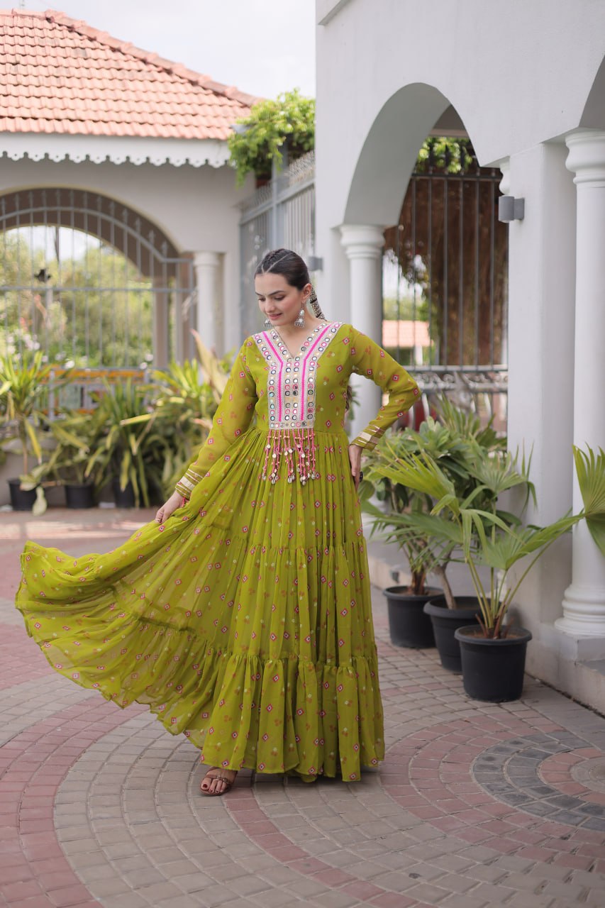 Kavisha Laheriya Print Faux Georgette Gown with Kutchi Patchwork
