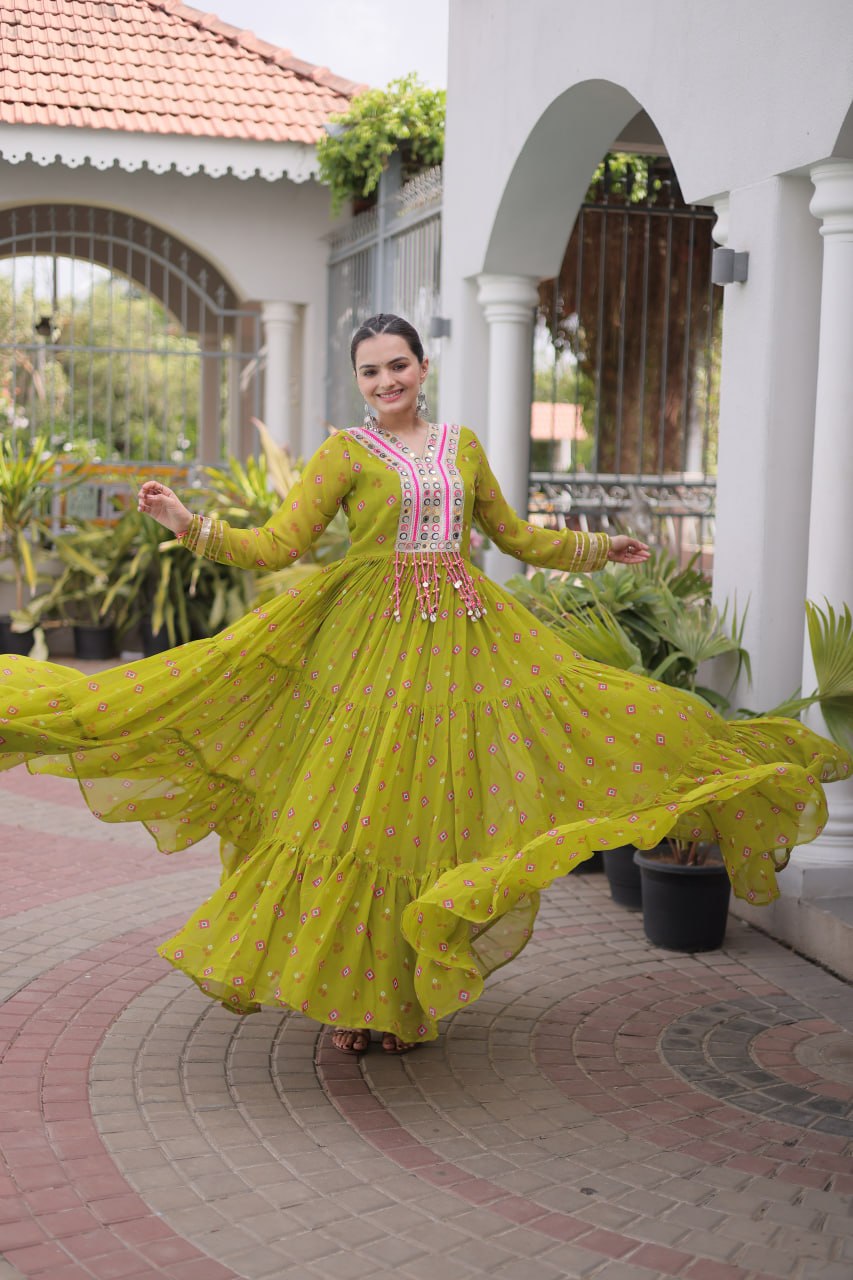 Kavisha Laheriya Print Faux Georgette Gown with Kutchi Patchwork