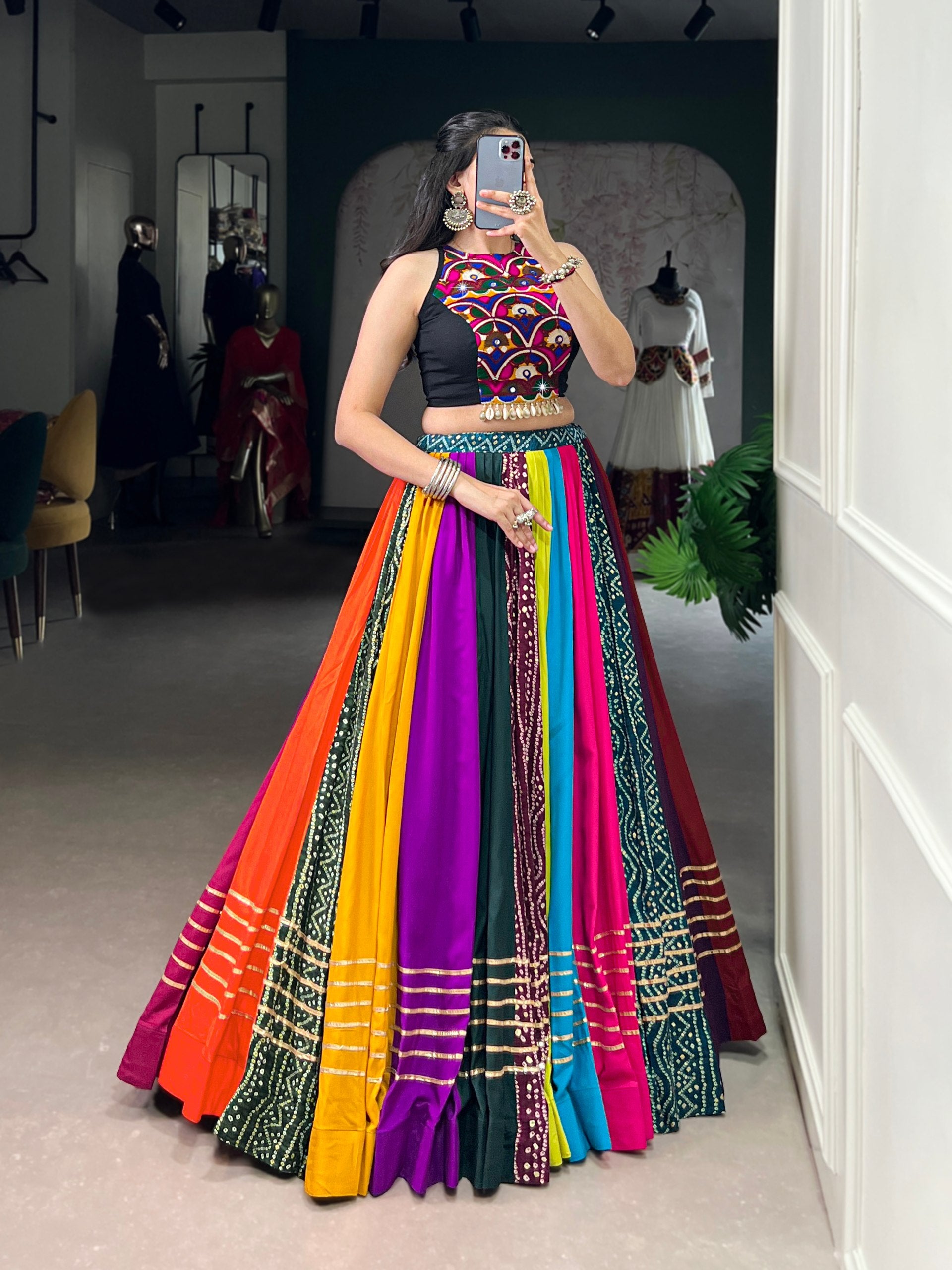Navrang Pure Rayon Printed Gota Patti Navratri Lehenga with Mirror Work Blouse