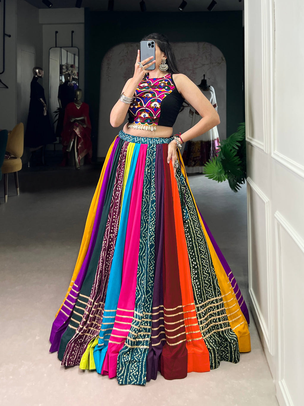 Navrang Pure Rayon Printed Gota Patti Navratri Lehenga with Mirror Work Blouse