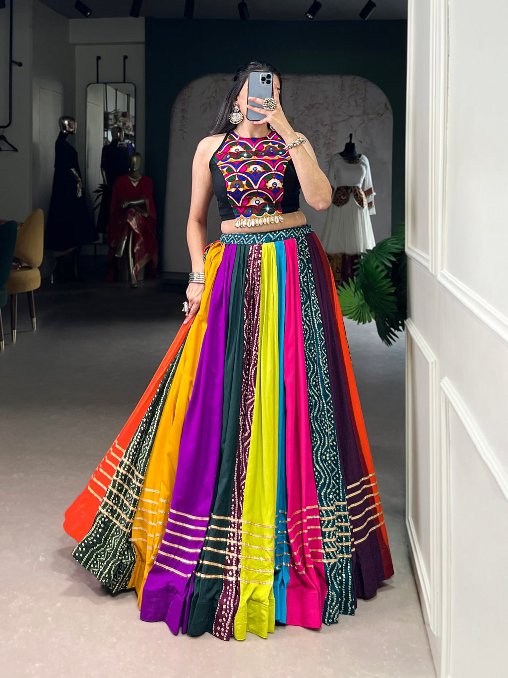 Navrang Pure Rayon Printed Gota Patti Navratri Lehenga with Mirror Work Blouse