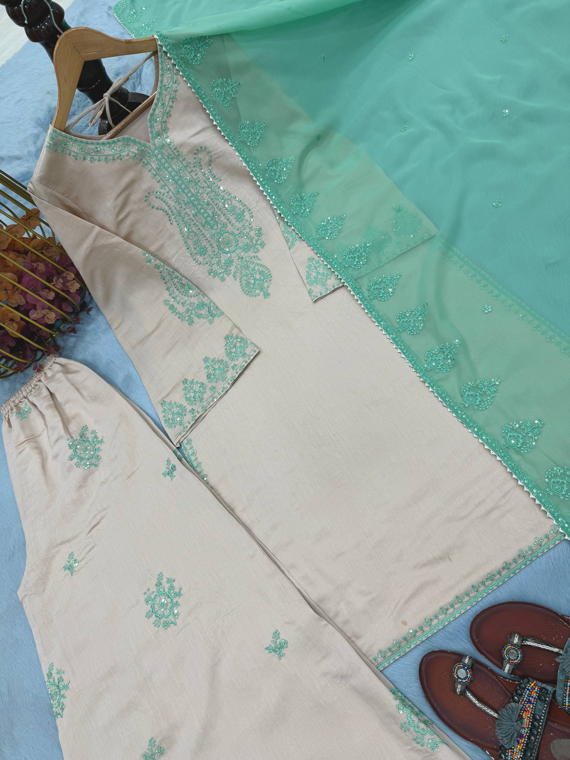 Ridhanya Pure Roman Silk Sequins Embroidered Palazzo Suit with Georgette Dupatta