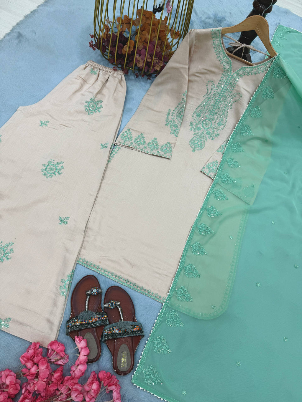 Ridhanya Pure Roman Silk Sequins Embroidered Palazzo Suit with Georgette Dupatta