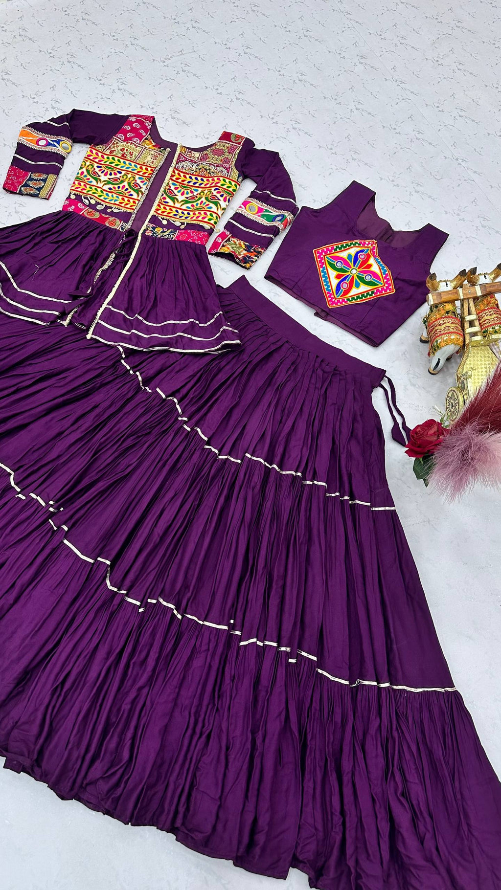Varnika Pure Cotton Gamthi Work Lehenga Choli with Long Koti Set