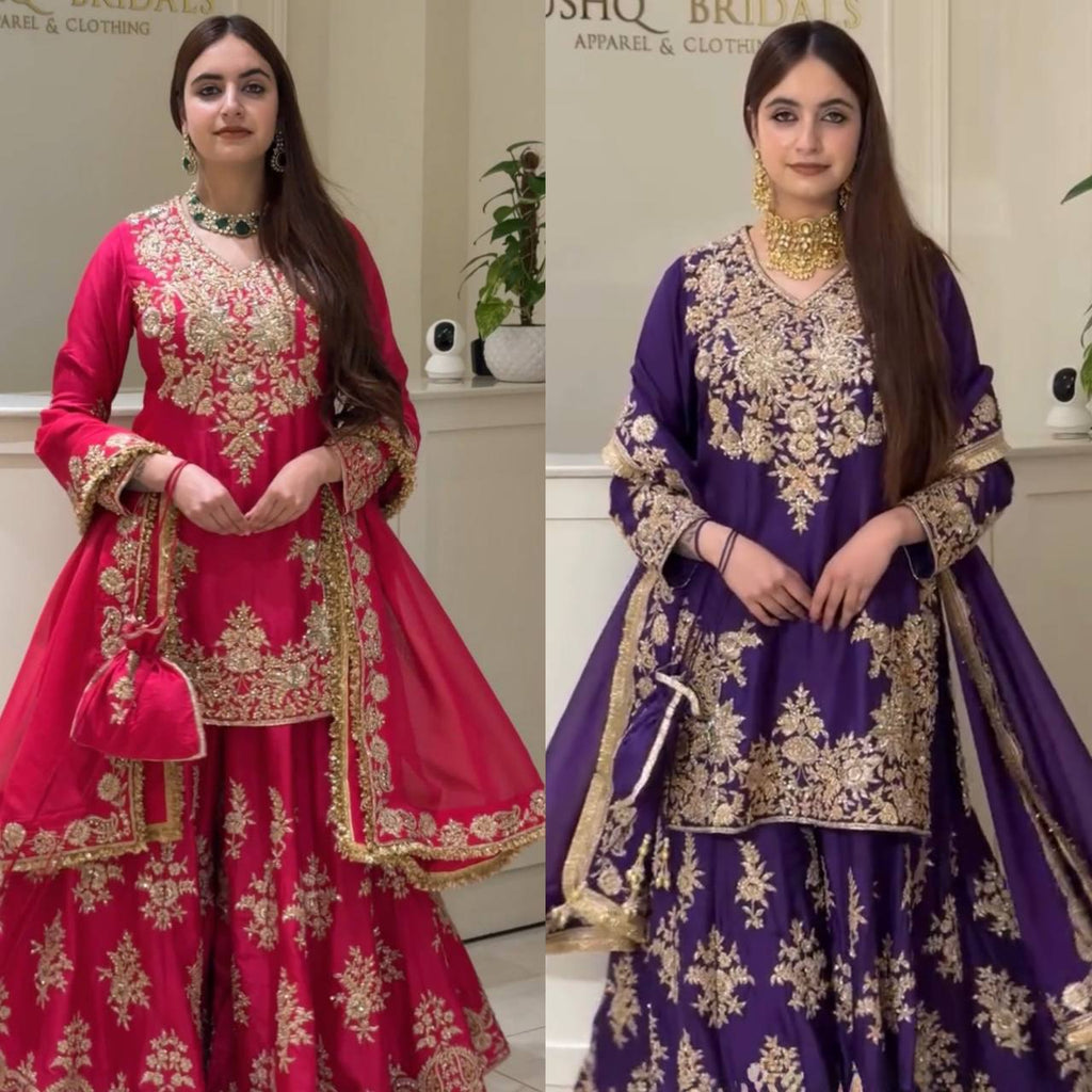 Vaishali Chinon Silk Thread & Sequence Embroidered Kurti with Palazzo & Dupatta Set