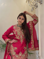Vaishali Chinon Silk Thread & Sequence Embroidered Kurti with Palazzo & Dupatta Set