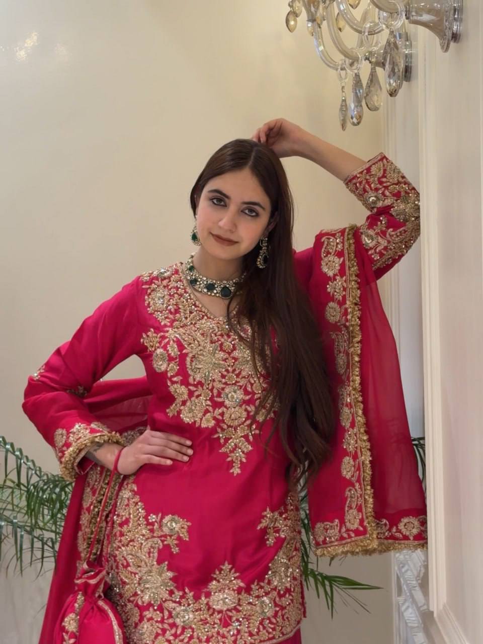 Vaishali Chinon Silk Thread & Sequence Embroidered Kurti with Palazzo & Dupatta Set