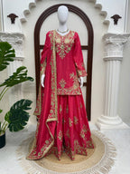 Vaishali Chinon Silk Thread & Sequence Embroidered Kurti with Palazzo & Dupatta Set