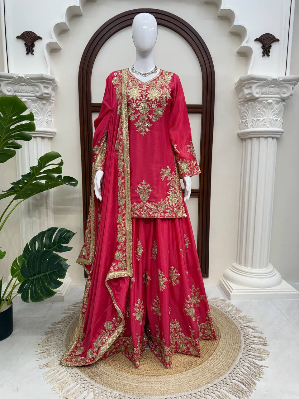 Vaishali Chinon Silk Thread & Sequence Embroidered Kurti with Palazzo & Dupatta Set