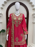 Vaishali Chinon Silk Thread & Sequence Embroidered Kurti with Palazzo & Dupatta Set