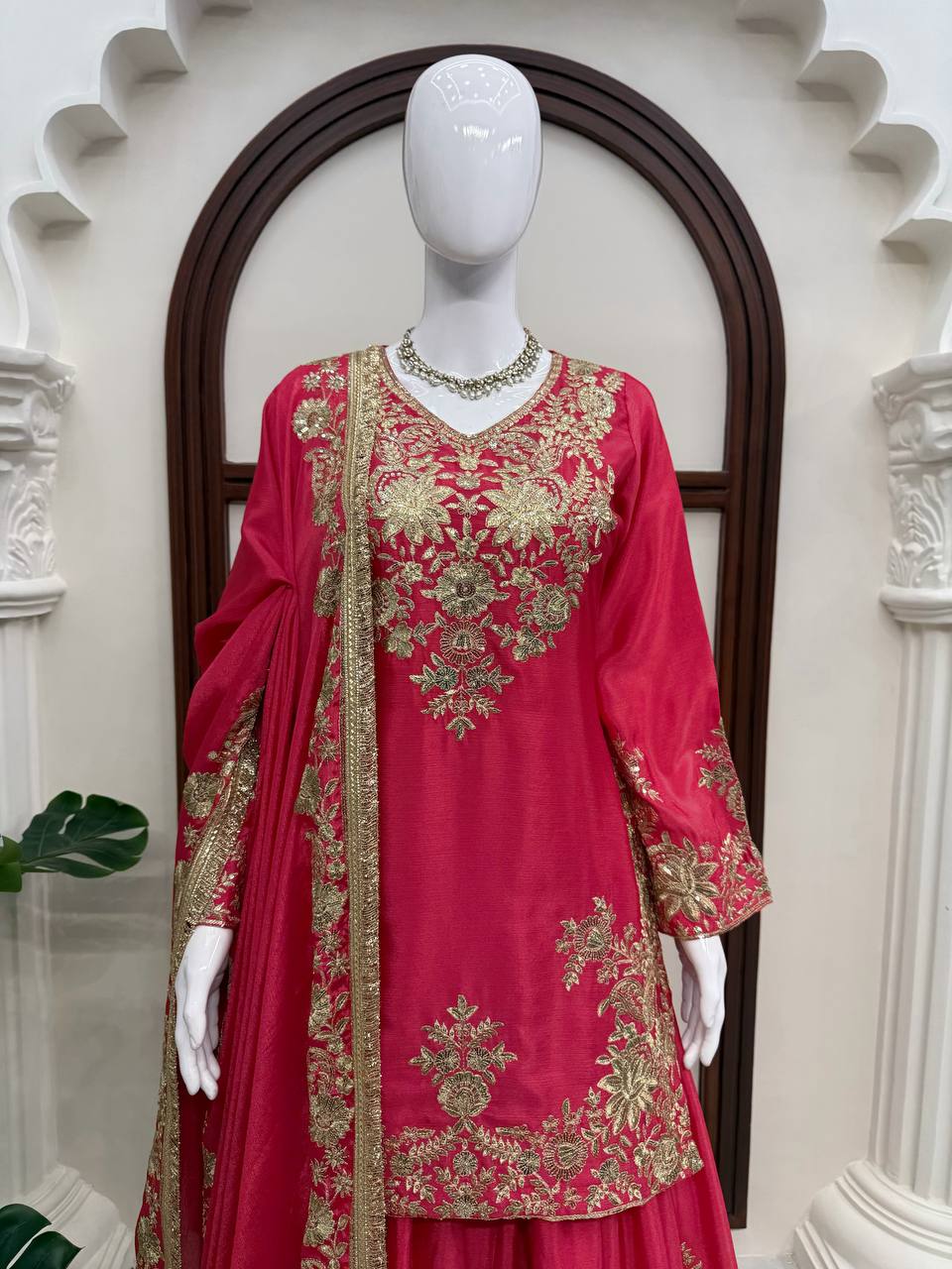 Vaishali Chinon Silk Thread & Sequence Embroidered Kurti with Palazzo & Dupatta Set