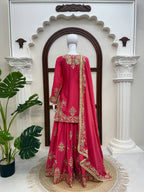 Vaishali Chinon Silk Thread & Sequence Embroidered Kurti with Palazzo & Dupatta Set