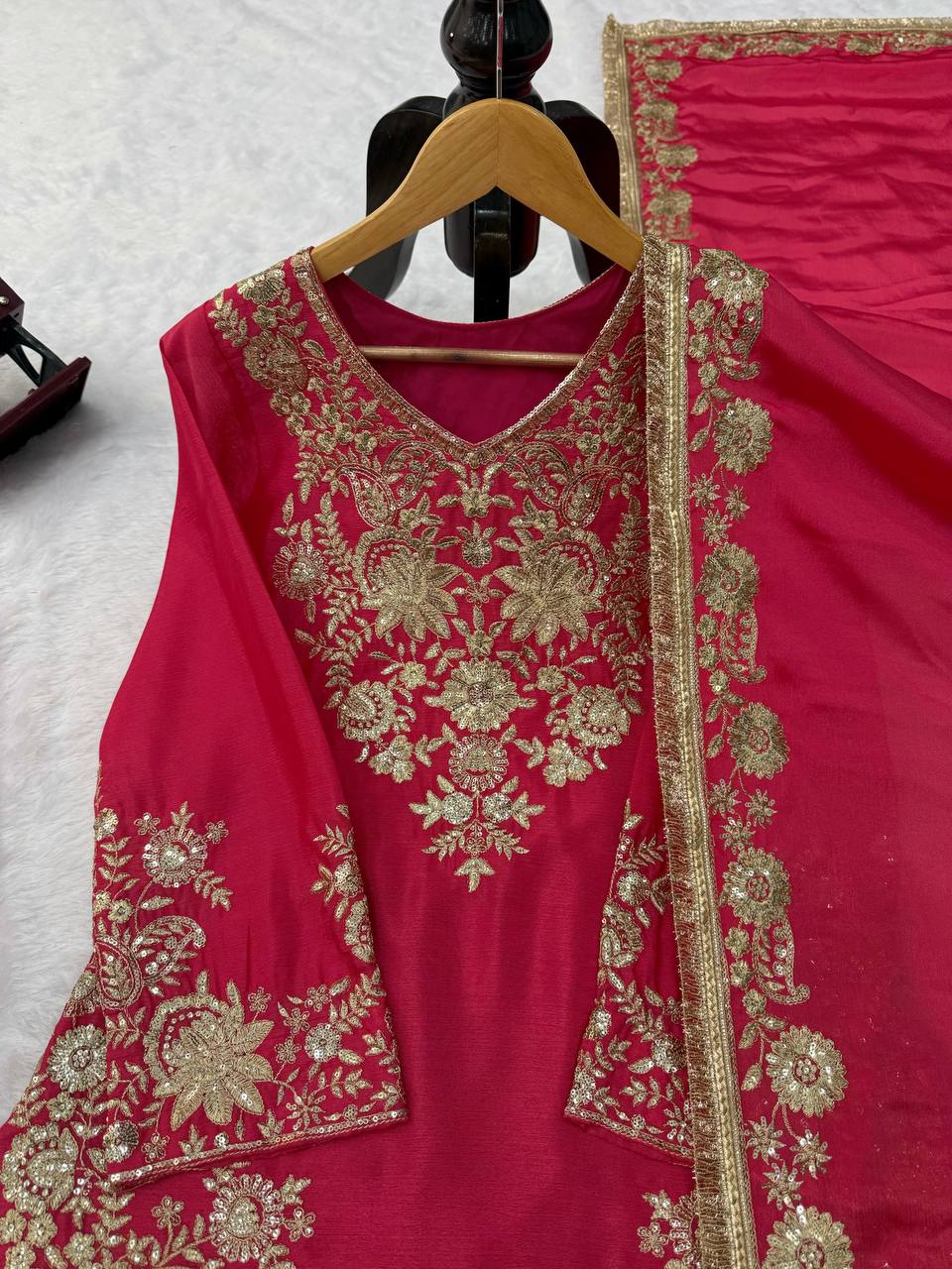 Vaishali Chinon Silk Thread & Sequence Embroidered Kurti with Palazzo & Dupatta Set
