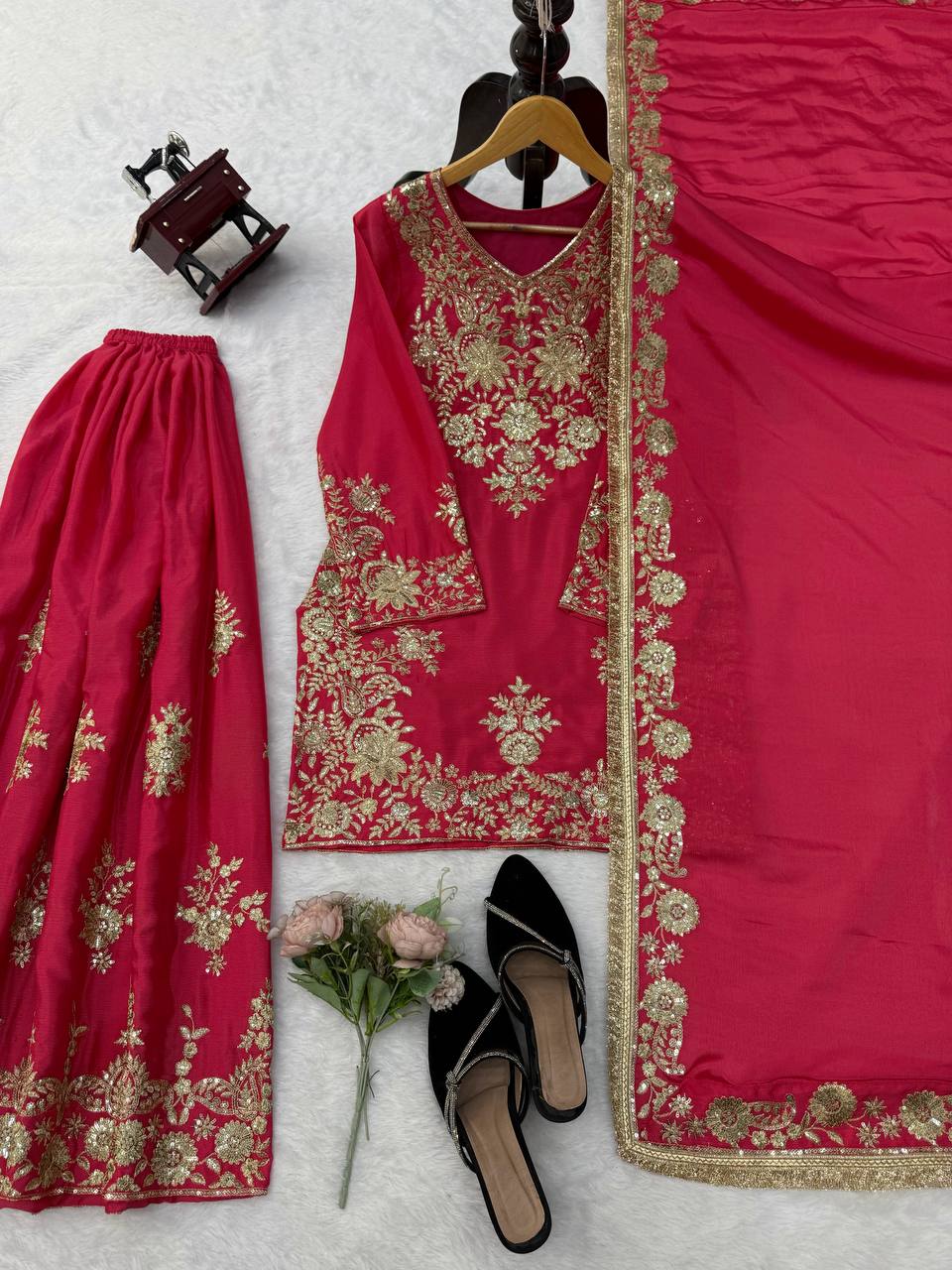 Vaishali Chinon Silk Thread & Sequence Embroidered Kurti with Palazzo & Dupatta Set