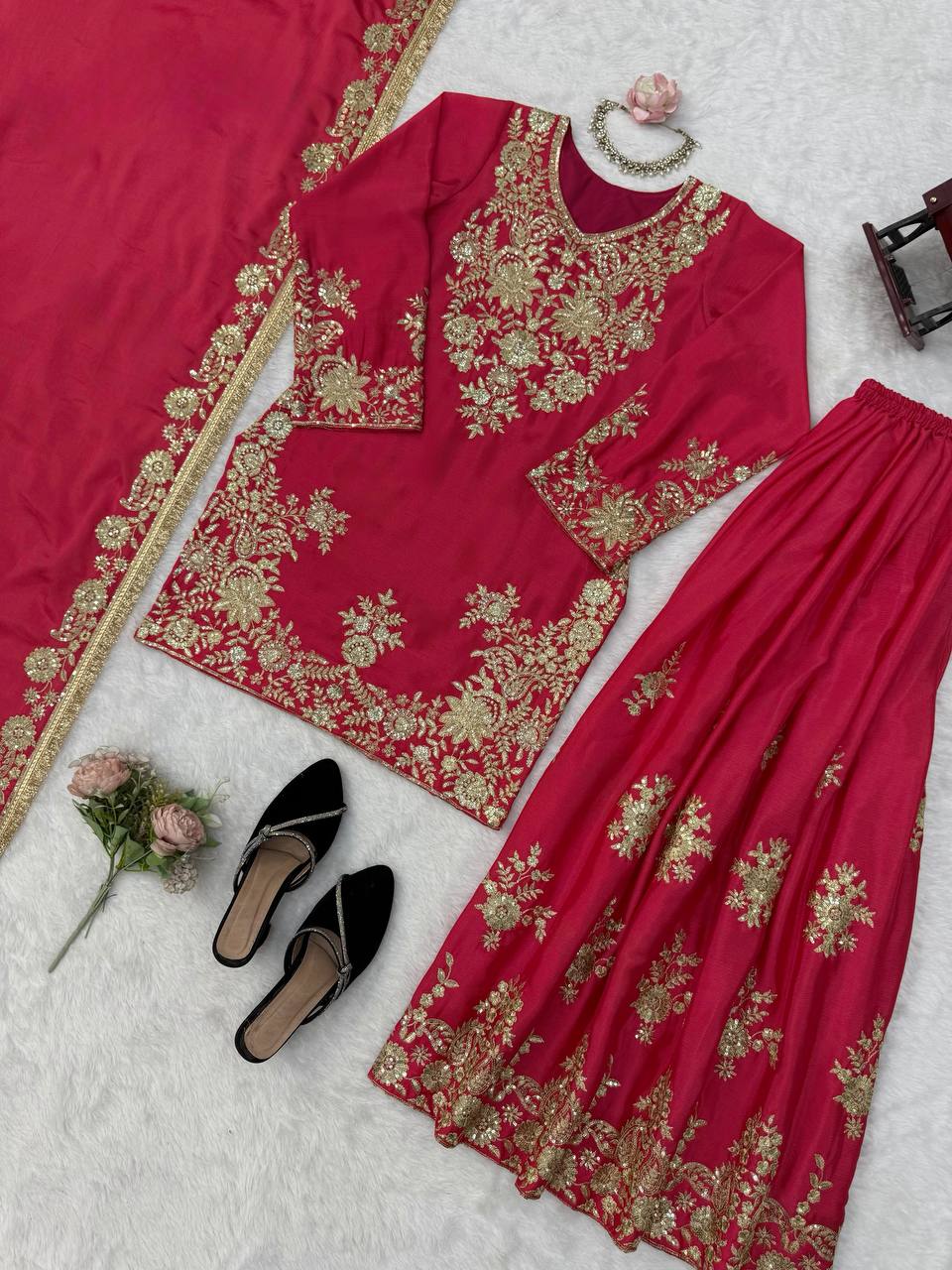 Vaishali Chinon Silk Thread & Sequence Embroidered Kurti with Palazzo & Dupatta Set
