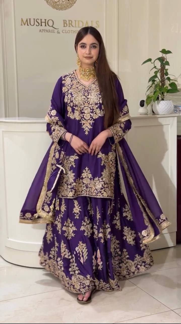 Vaishali Chinon Silk Thread & Sequence Embroidered Kurti with Palazzo & Dupatta Set