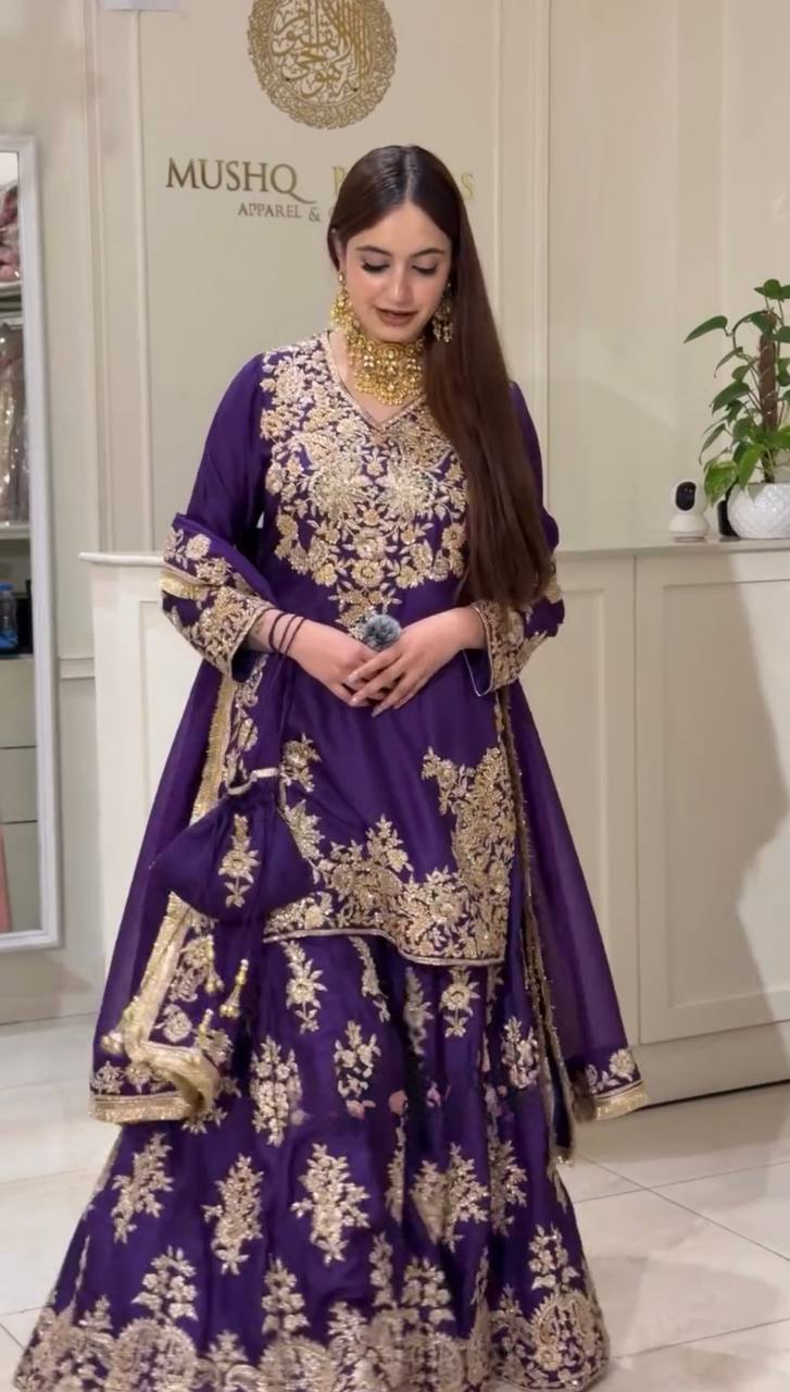 Vaishali Chinon Silk Thread & Sequence Embroidered Kurti with Palazzo & Dupatta Set