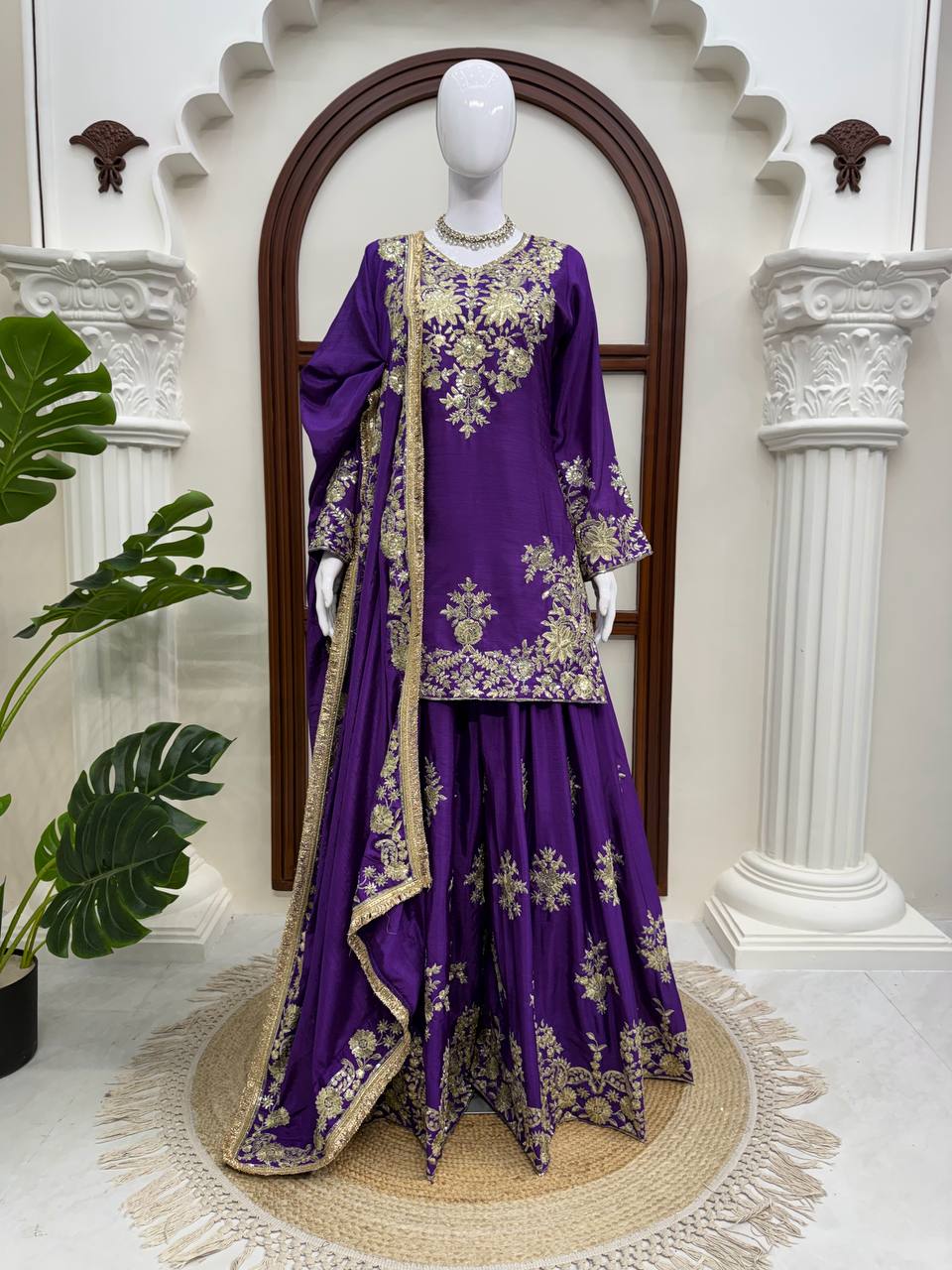 Vaishali Chinon Silk Thread & Sequence Embroidered Kurti with Palazzo & Dupatta Set