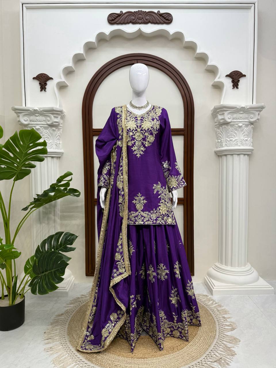 Vaishali Chinon Silk Thread & Sequence Embroidered Kurti with Palazzo & Dupatta Set