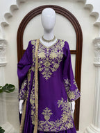 Vaishali Chinon Silk Thread & Sequence Embroidered Kurti with Palazzo & Dupatta Set