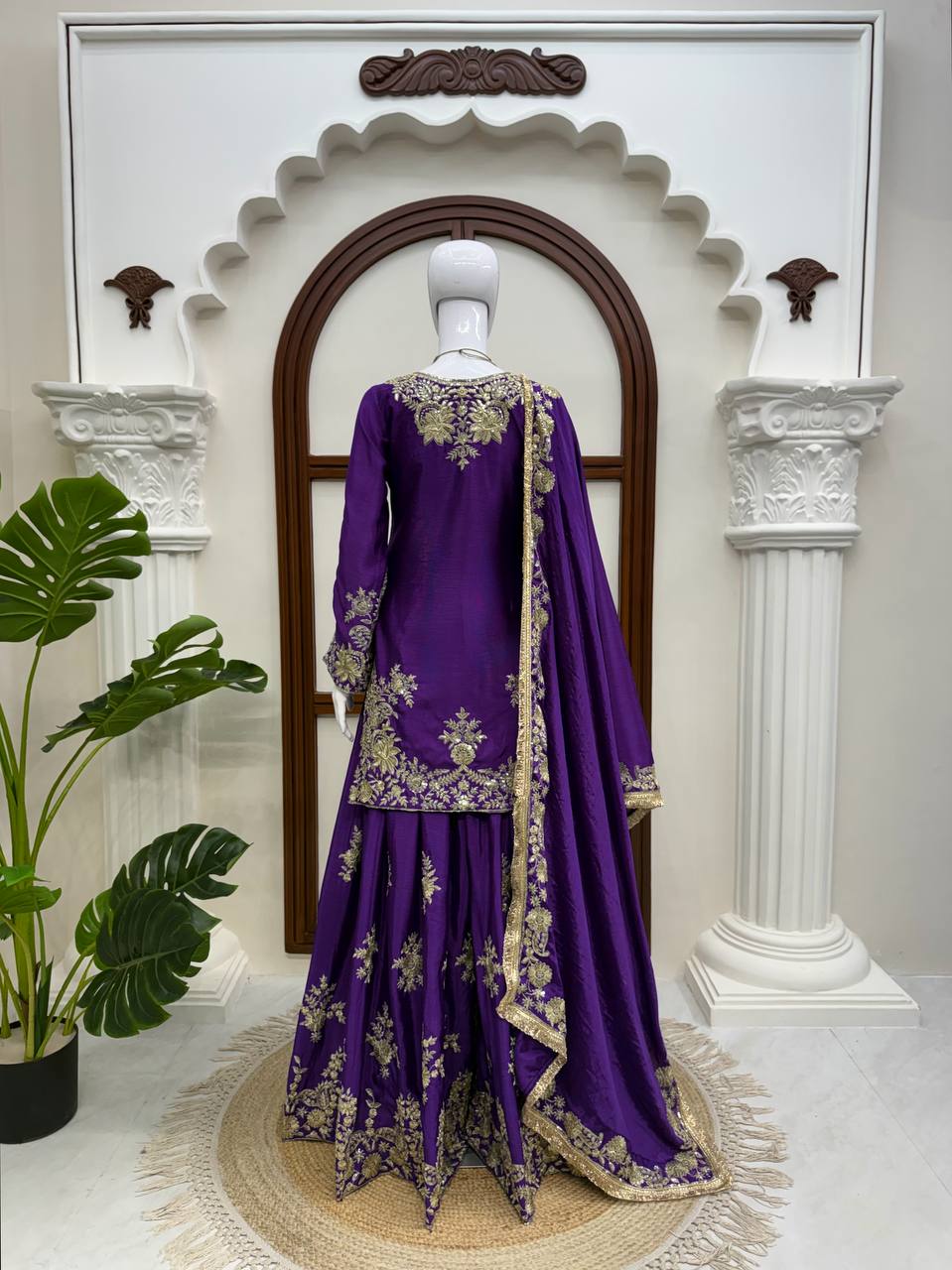 Vaishali Chinon Silk Thread & Sequence Embroidered Kurti with Palazzo & Dupatta Set