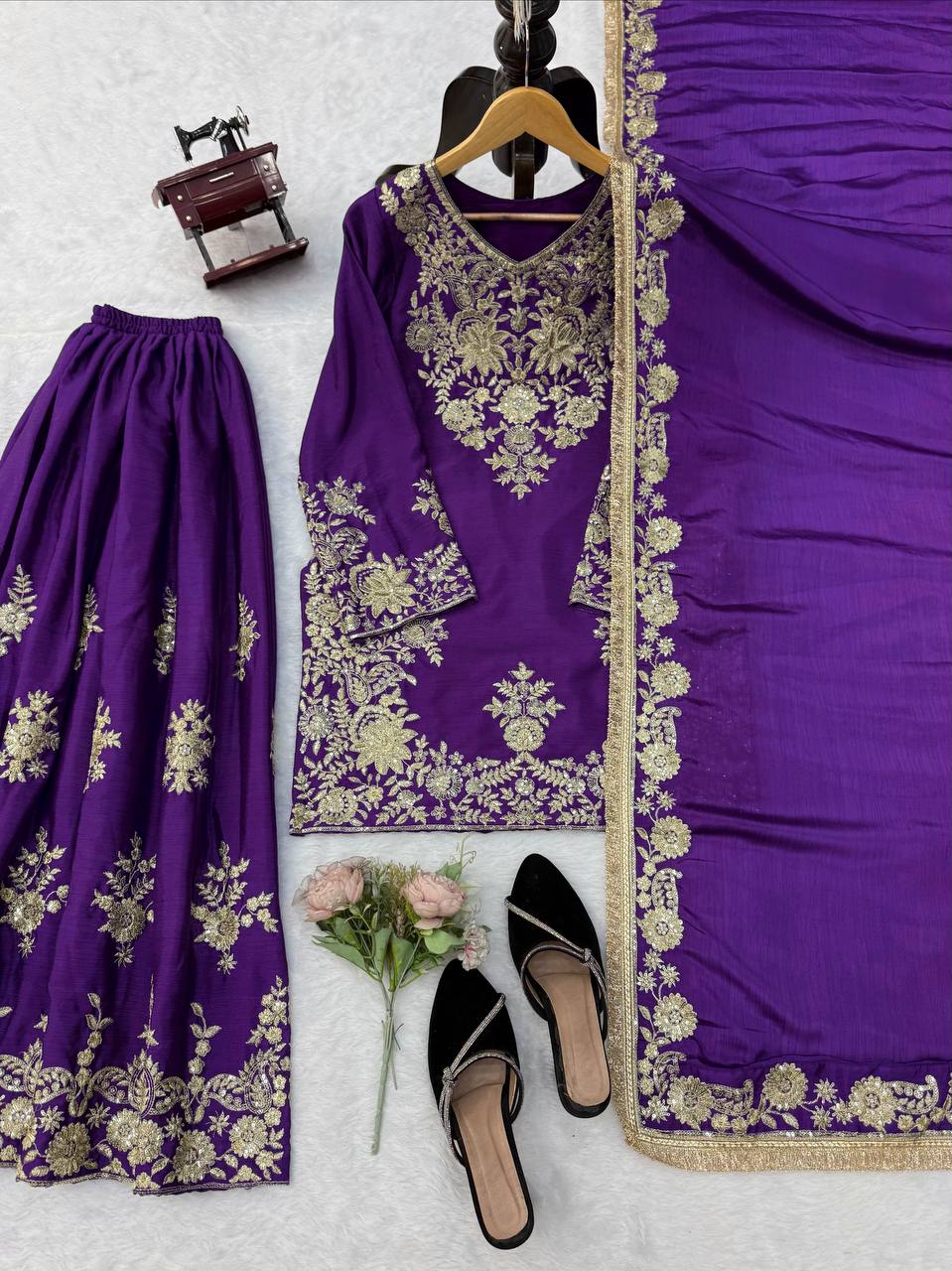 Vaishali Chinon Silk Thread & Sequence Embroidered Kurti with Palazzo & Dupatta Set