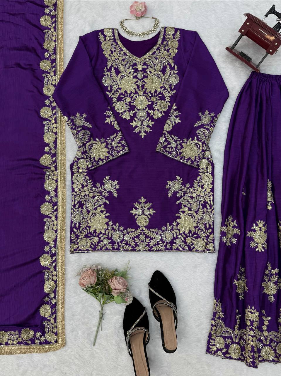 Vaishali Chinon Silk Thread & Sequence Embroidered Kurti with Palazzo & Dupatta Set