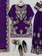 Vaishali Chinon Silk Thread & Sequence Embroidered Kurti with Palazzo & Dupatta Set