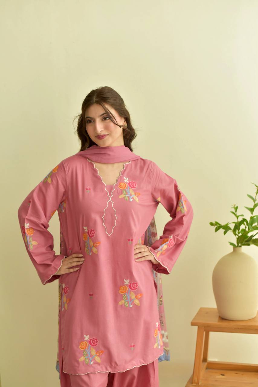 Siya Mul Chanderi Embroidered Palazzo Suit with Cutwork Detailing and Printed Georgette Dupatta