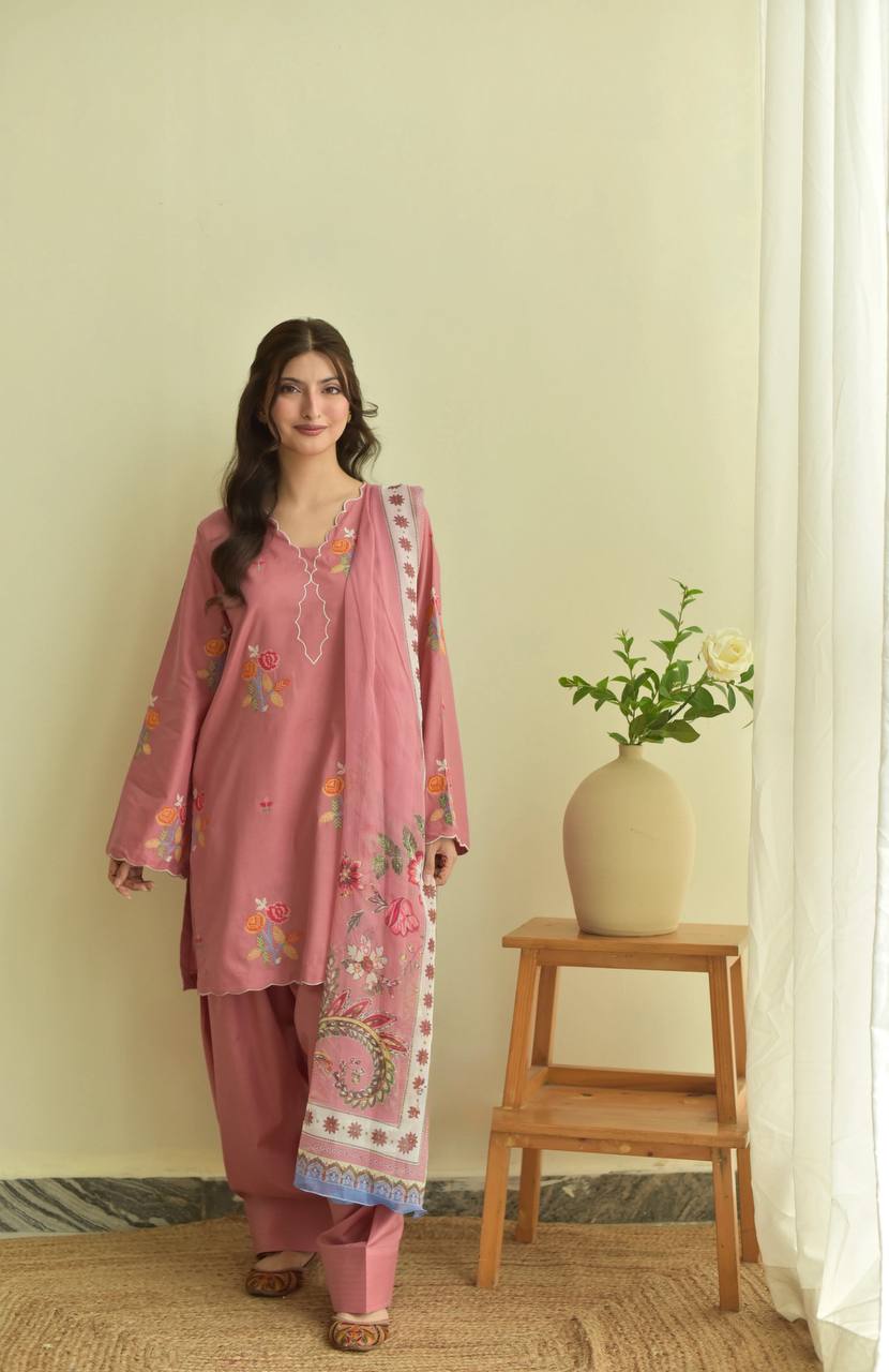 Siya Mul Chanderi Embroidered Palazzo Suit with Cutwork Detailing and Printed Georgette Dupatta