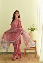 Siya Mul Chanderi Embroidered Palazzo Suit with Cutwork Detailing and Printed Georgette Dupatta