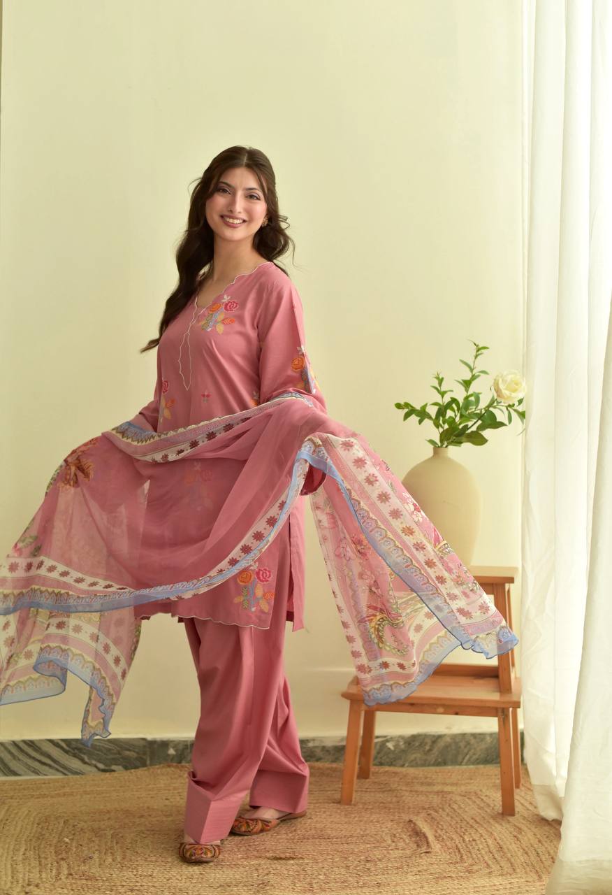 Siya Mul Chanderi Embroidered Palazzo Suit with Cutwork Detailing and Printed Georgette Dupatta