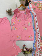Siya Mul Chanderi Embroidered Palazzo Suit with Cutwork Detailing and Printed Georgette Dupatta