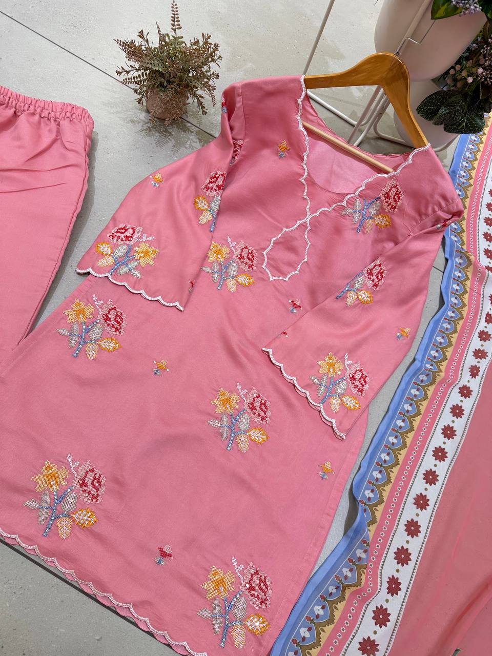 Siya Mul Chanderi Embroidered Palazzo Suit with Cutwork Detailing and Printed Georgette Dupatta