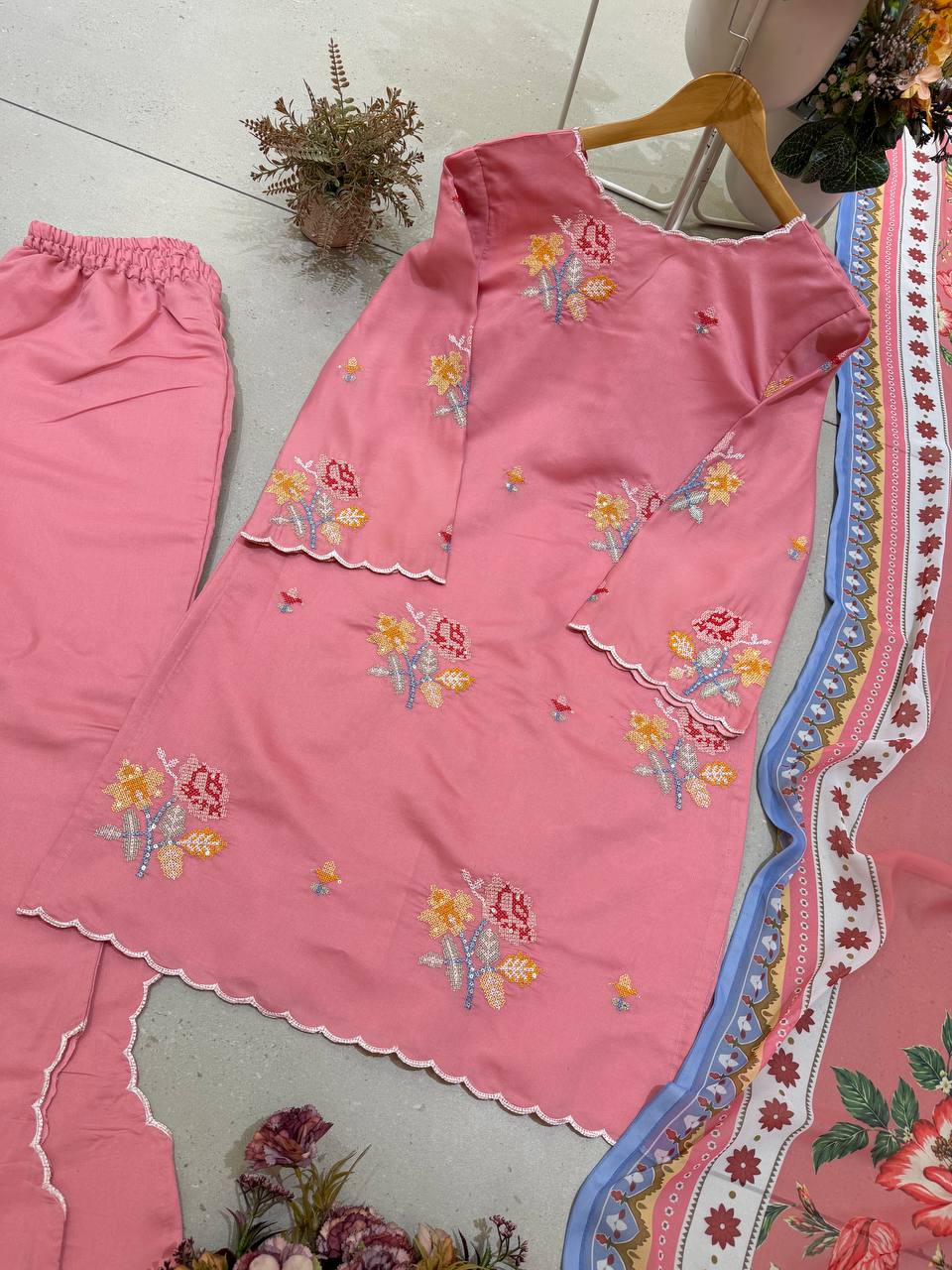 Siya Mul Chanderi Embroidered Palazzo Suit with Cutwork Detailing and Printed Georgette Dupatta