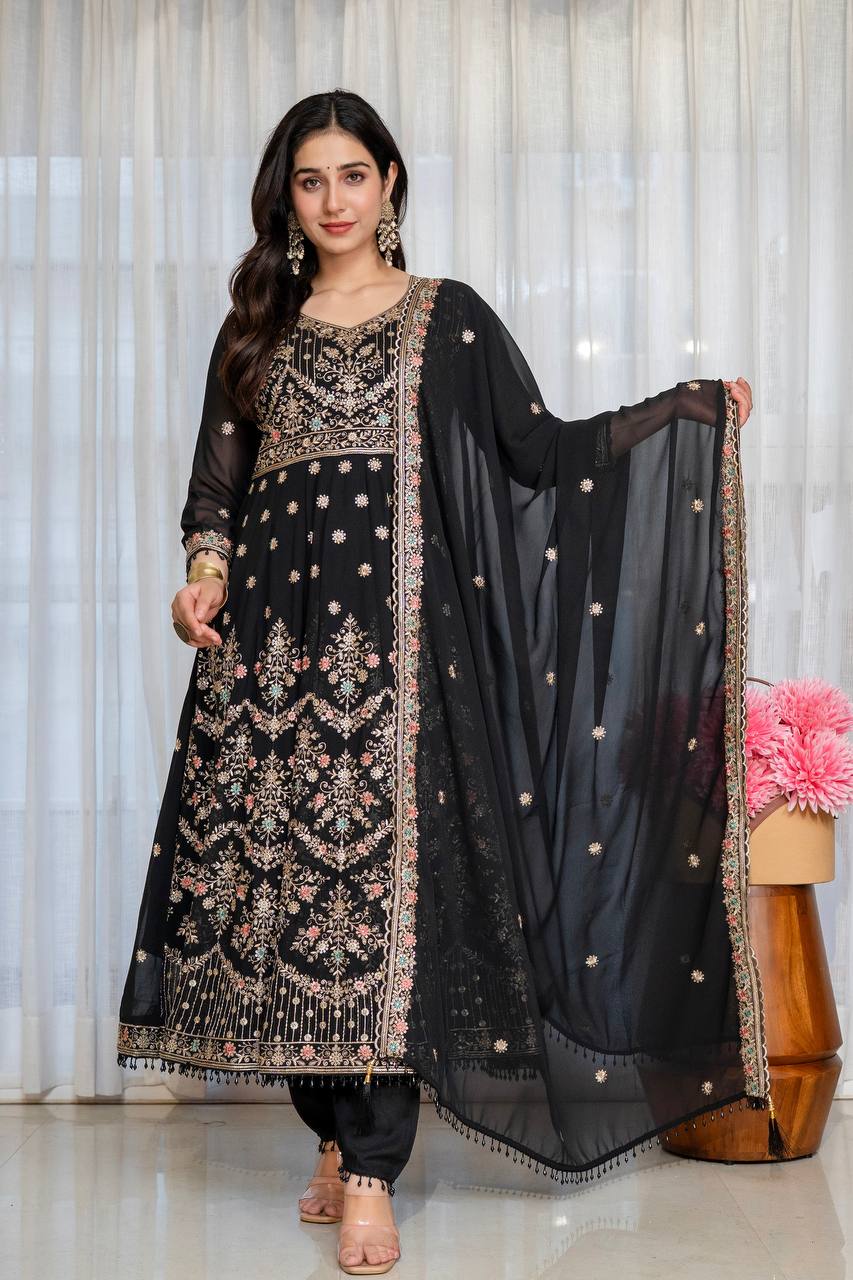 Eshvika Faux Blooming Anarkali Suit Set with Zari Sequin Embroidery and Heavy Moti Lace Work