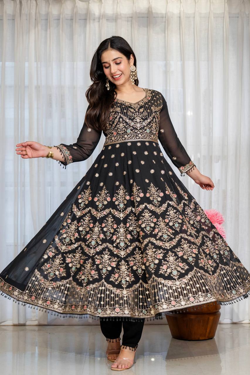 Eshvika Faux Blooming Anarkali Suit Set with Zari Sequin Embroidery and Heavy Moti Lace Work