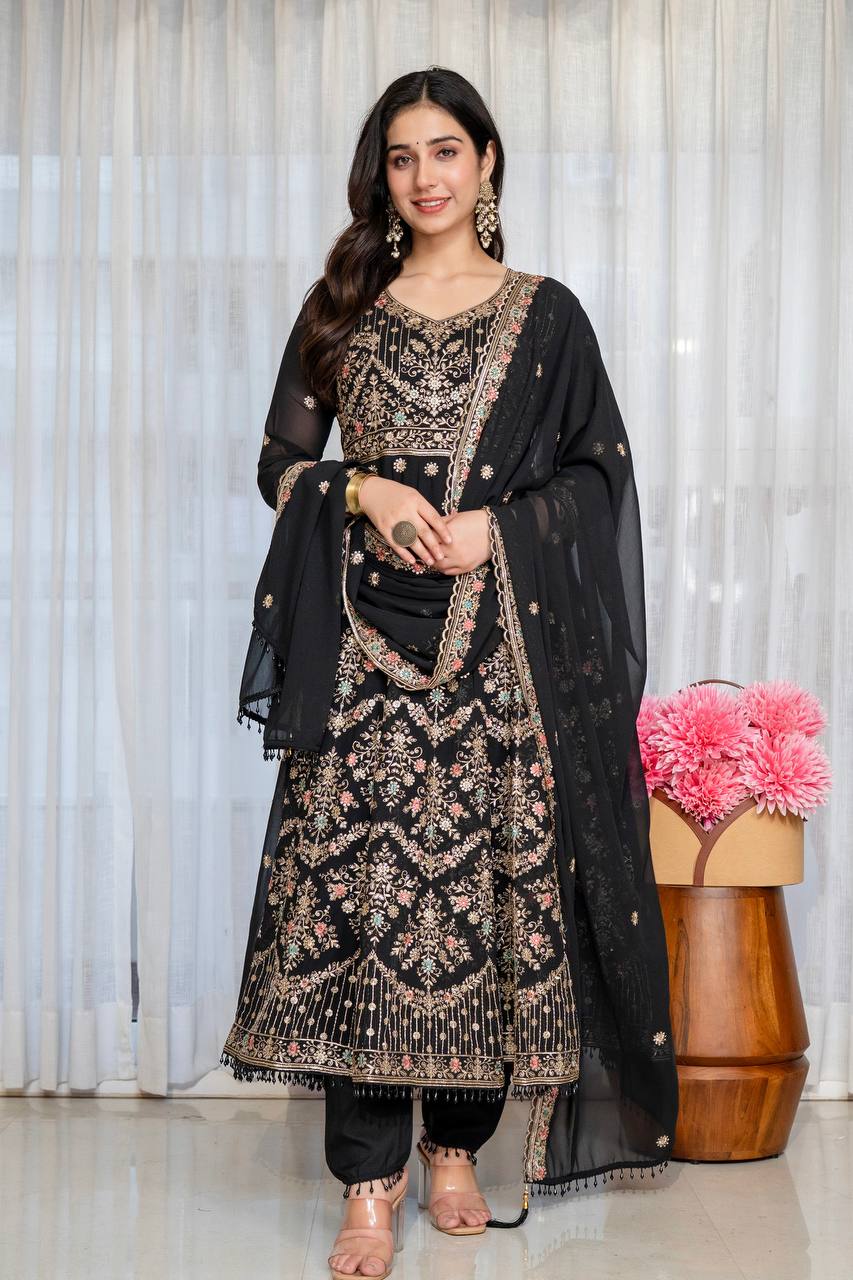 Eshvika Faux Blooming Anarkali Suit Set with Zari Sequin Embroidery and Heavy Moti Lace Work