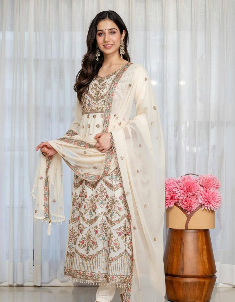 Eshvika Faux Blooming Anarkali Suit Set with Zari Sequin Embroidery and Heavy Moti Lace Work