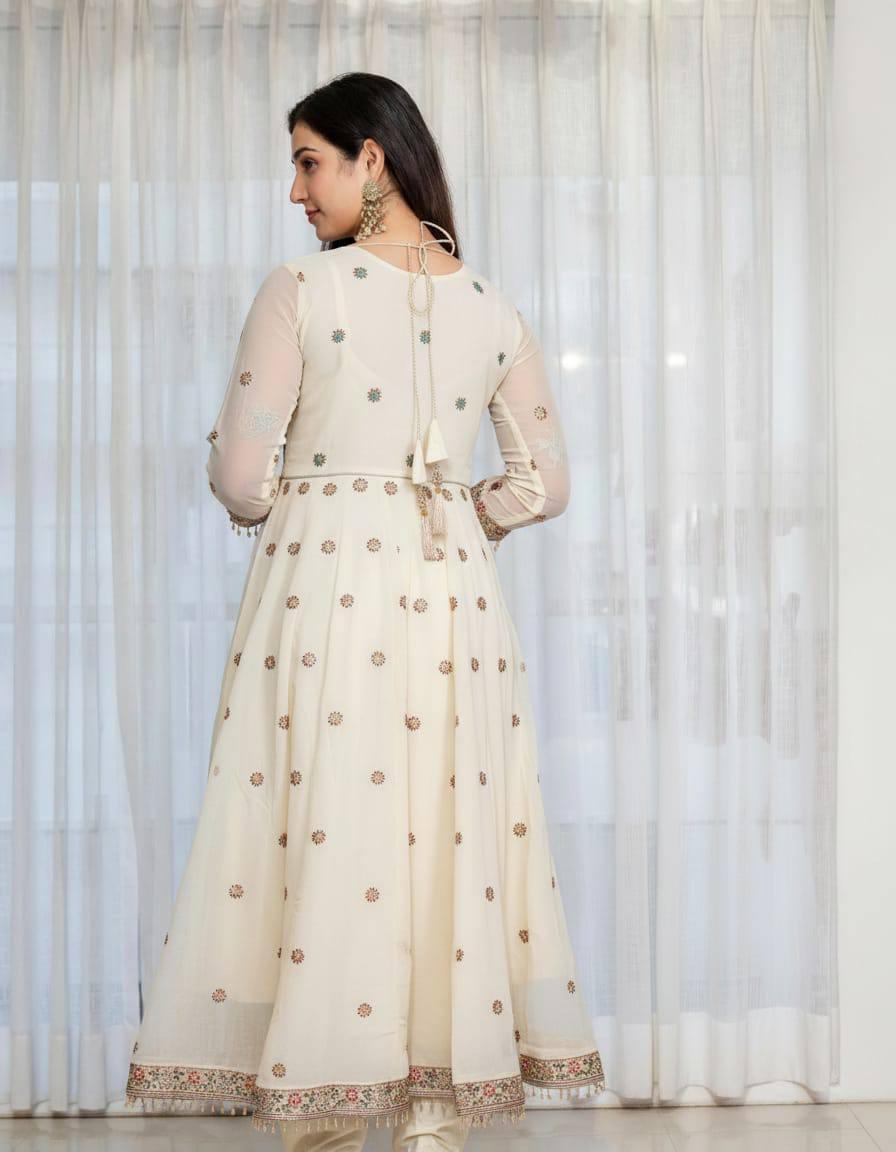 Eshvika Faux Blooming Anarkali Suit Set with Zari Sequin Embroidery and Heavy Moti Lace Work