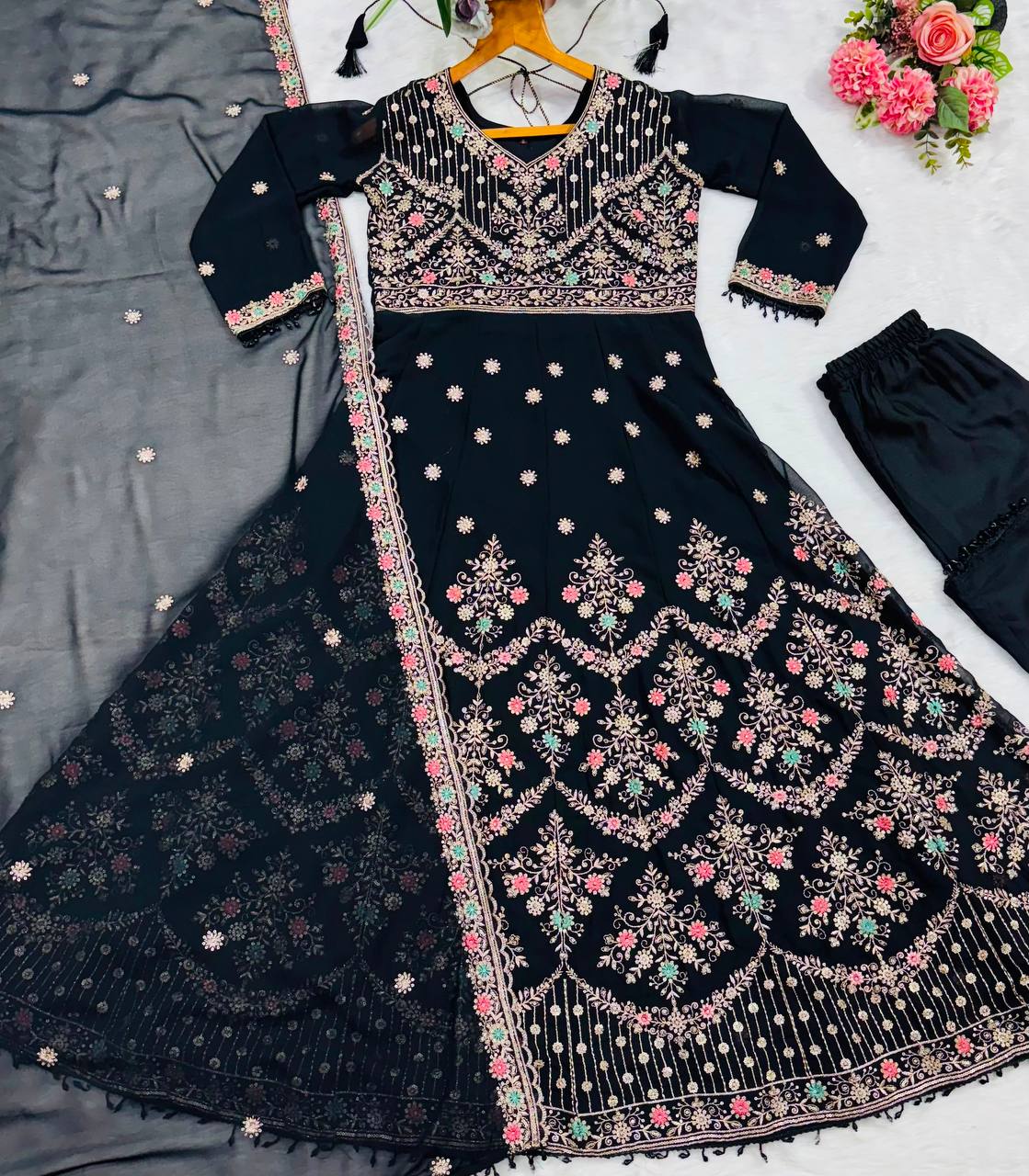 Eshvika Faux Blooming Anarkali Suit Set with Zari Sequin Embroidery and Heavy Moti Lace Work
