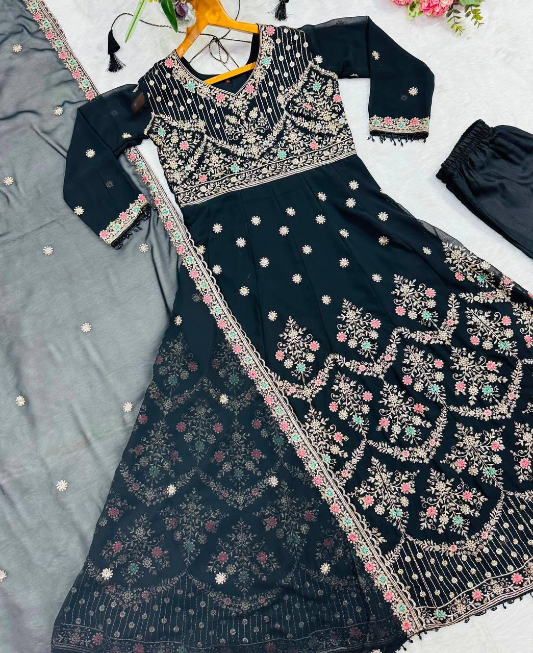 Eshvika Faux Blooming Anarkali Suit Set with Zari Sequin Embroidery and Heavy Moti Lace Work