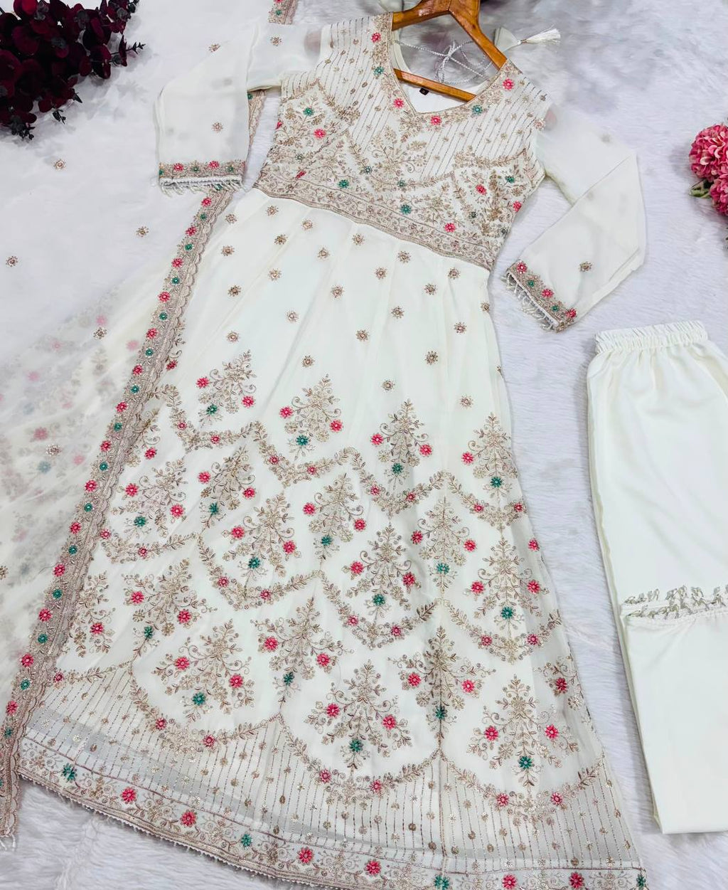 Eshvika Faux Blooming Anarkali Suit Set with Zari Sequin Embroidery and Heavy Moti Lace Work