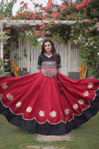 Raas Kamal Designer Roman Fabric Navratri Lehenga Choli with Lotus Gota, Mirror Lace & Kutchi Gamthi Embroidery