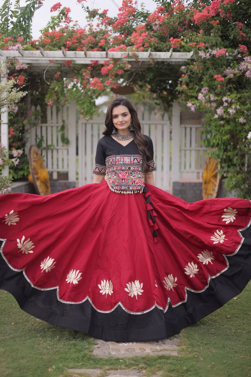 Raas Kamal Designer Roman Fabric Navratri Lehenga Choli with Lotus Gota, Mirror Lace & Kutchi Gamthi Embroidery