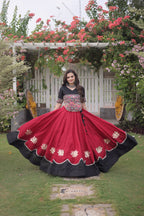 Raas Kamal Designer Roman Fabric Navratri Lehenga Choli with Lotus Gota, Mirror Lace & Kutchi Gamthi Embroidery