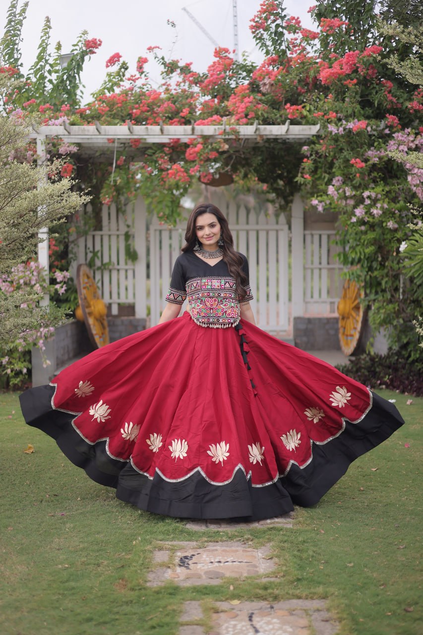 Raas Kamal Designer Roman Fabric Navratri Lehenga Choli with Lotus Gota, Mirror Lace & Kutchi Gamthi Embroidery