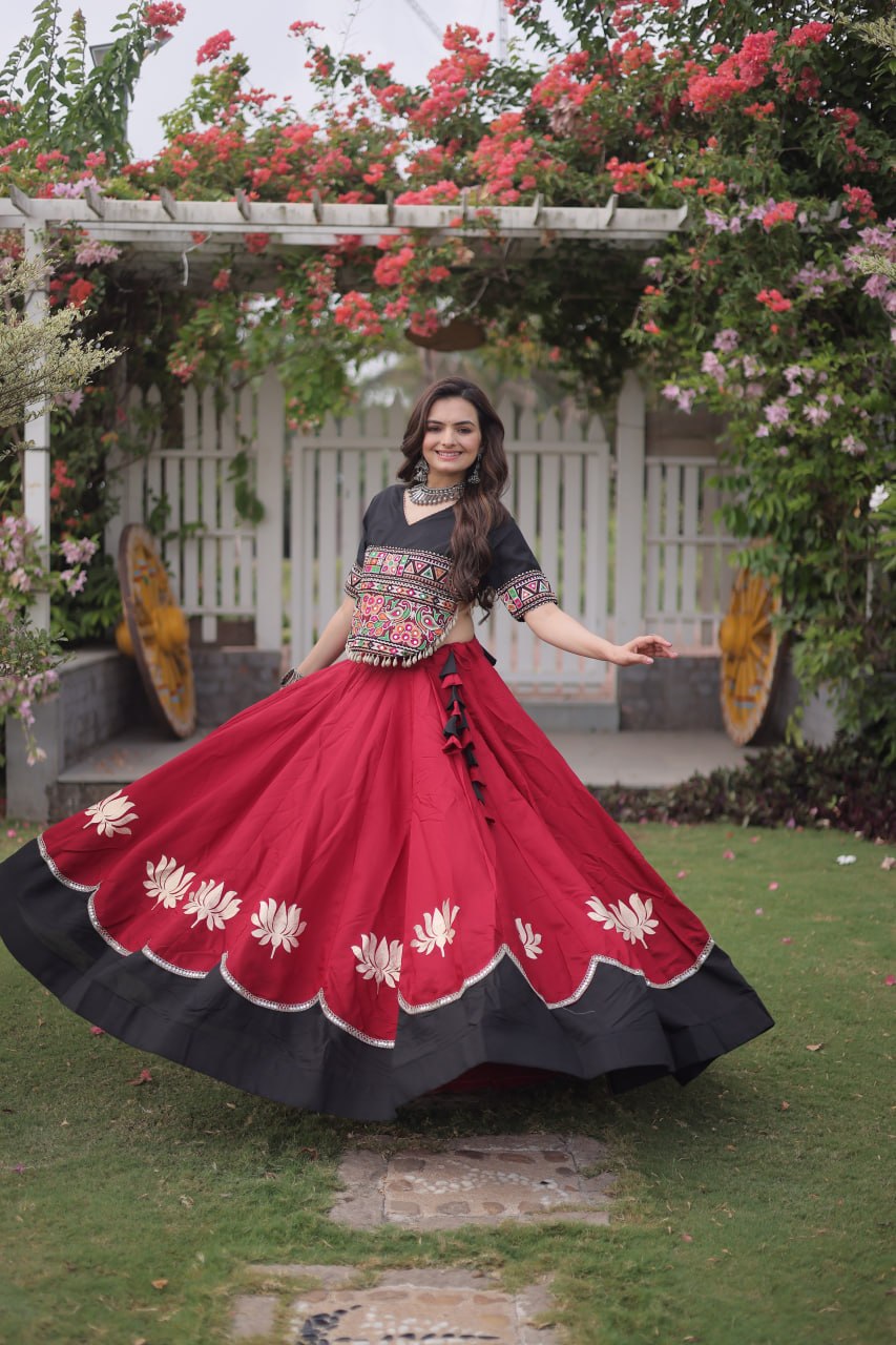 Raas Kamal Designer Roman Fabric Navratri Lehenga Choli with Lotus Gota, Mirror Lace & Kutchi Gamthi Embroidery
