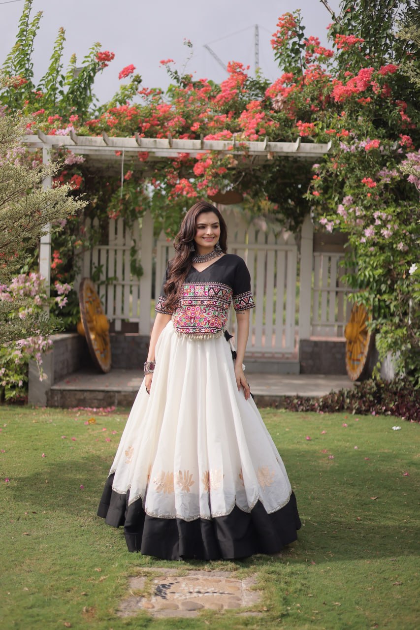 Raas Kamal Designer Roman Fabric Navratri Lehenga Choli with Lotus Gota, Mirror Lace & Kutchi Gamthi Embroidery