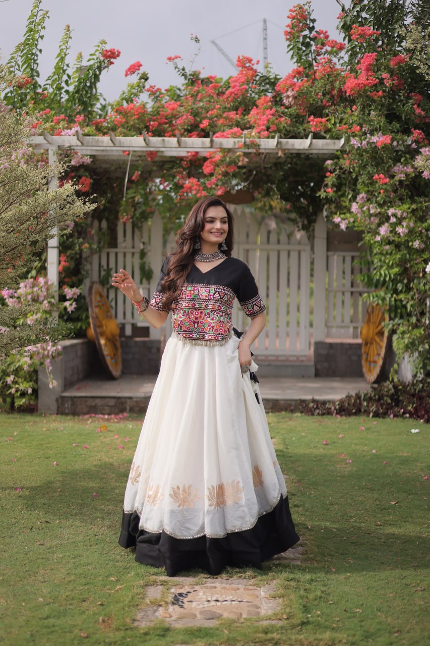 Raas Kamal Designer Roman Fabric Navratri Lehenga Choli with Lotus Gota, Mirror Lace & Kutchi Gamthi Embroidery